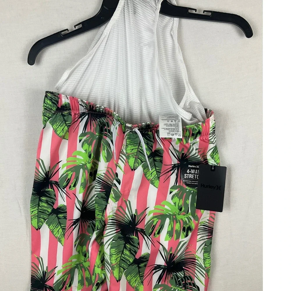 Hurley Boys Pink Tropical Stripe 4-Way‎ Stretch Swim Trunks Board Shorts Large L